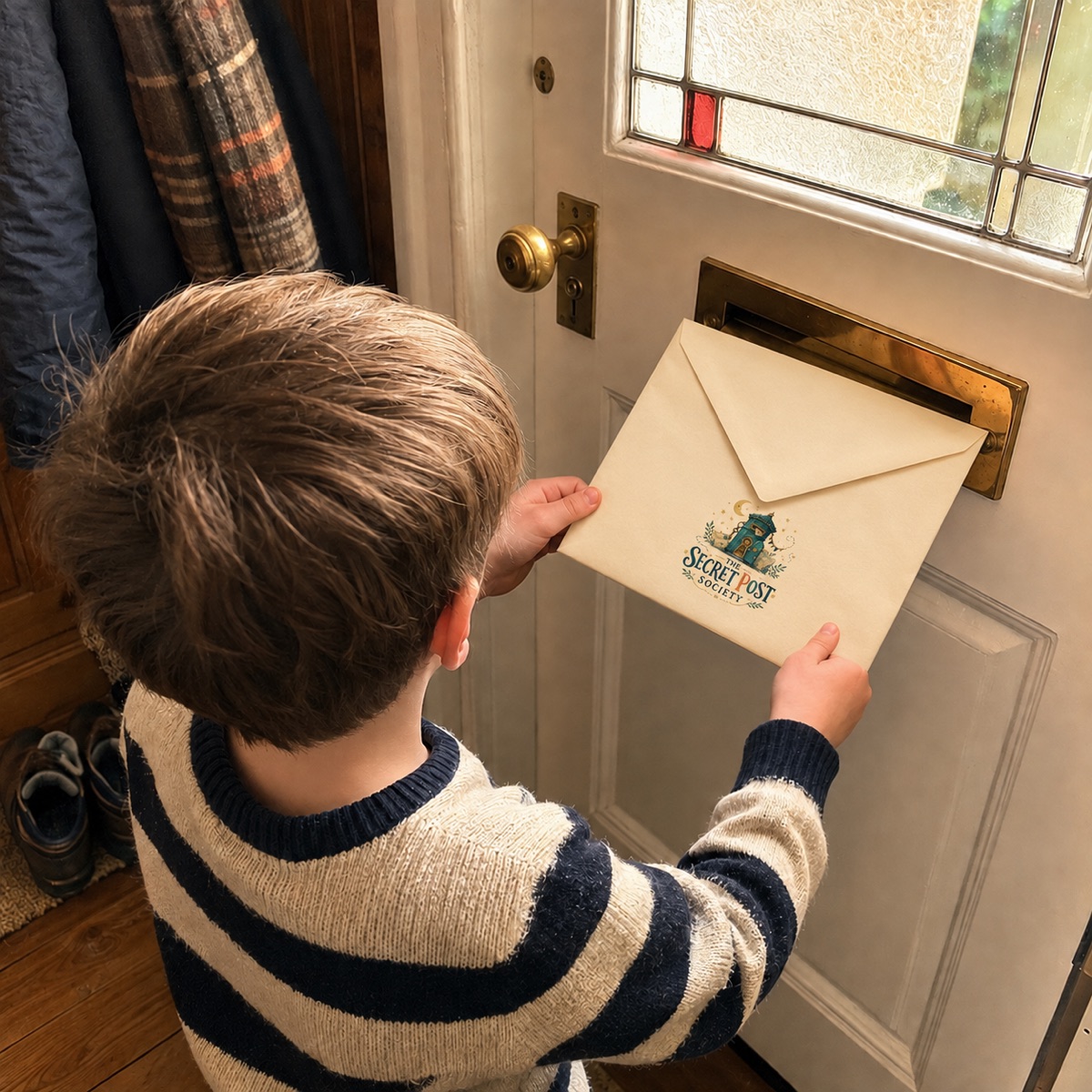 A child receiving a Secret Post Society envelope through the letterbox