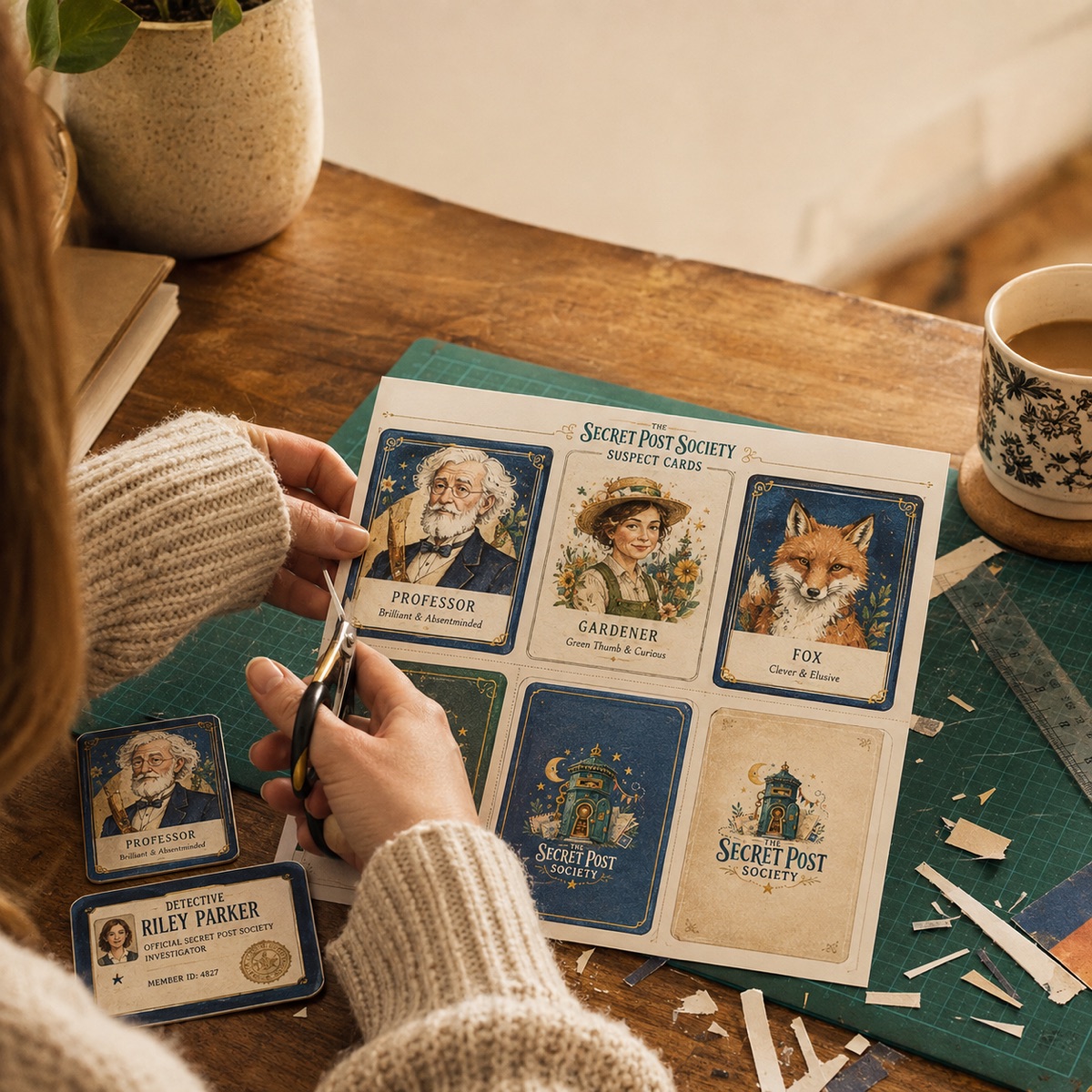 Secret Post Society suspect cards being made by hand